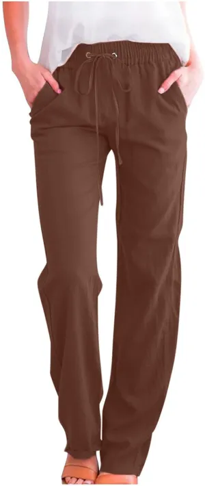 Women's Casual Cotton Linen Pants Lightweight Summer Relax Fit Elastic Waist Plus Size Solid Lounge Long Trousers