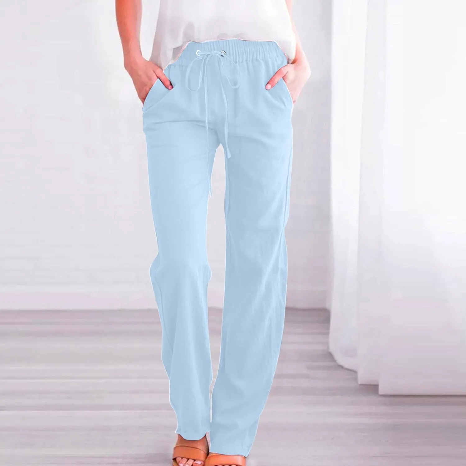 Women's Casual Cotton Linen Pants Lightweight Summer Relax Fit Elastic Waist Plus Size Solid Lounge Long Trousers