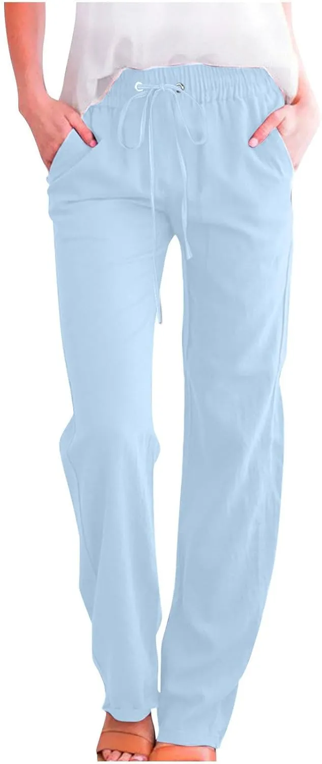 Women's Casual Cotton Linen Pants Lightweight Summer Relax Fit Elastic Waist Plus Size Solid Lounge Long Trousers