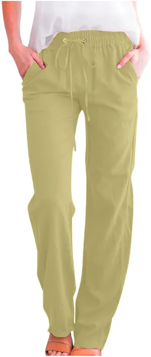 Women's Casual Cotton Linen Pants Lightweight Summer Relax Fit Elastic Waist Plus Size Solid Lounge Long Trousers