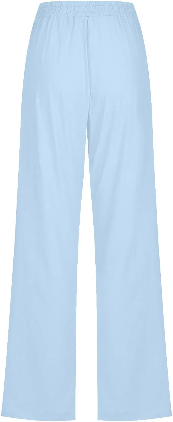 Women's Casual Cotton Linen Pants Lightweight Summer Relax Fit Elastic Waist Plus Size Solid Lounge Long Trousers