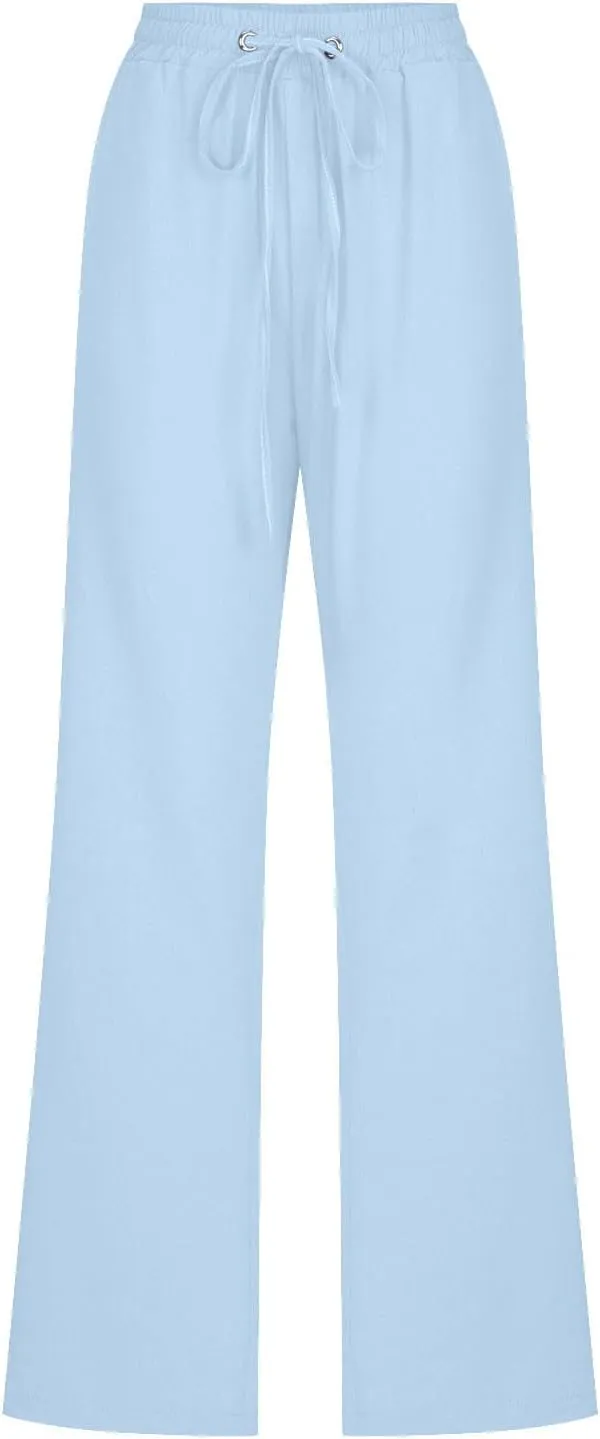 Women's Casual Cotton Linen Pants Lightweight Summer Relax Fit Elastic Waist Plus Size Solid Lounge Long Trousers