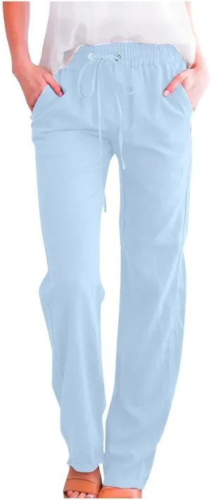 Women's Casual Cotton Linen Pants Lightweight Summer Relax Fit Elastic Waist Plus Size Solid Lounge Long Trousers