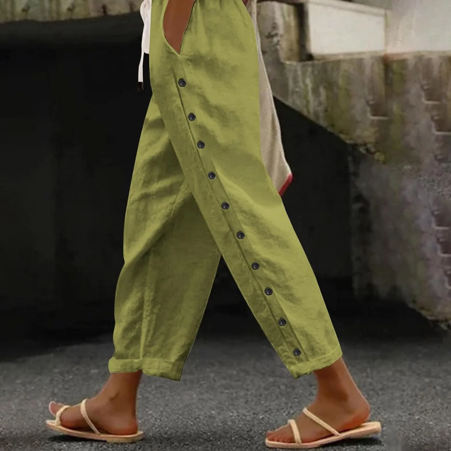 Womens Casual Pants Side Button Summer Trendy Linen Pant Drawstring Elastic Waist Straight Leg Baggy Cropped Trousers