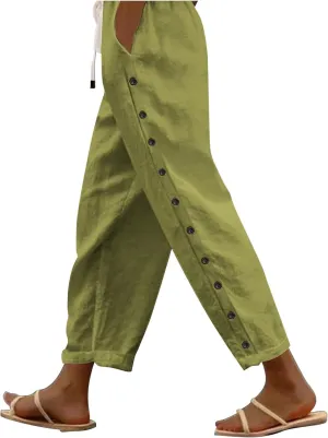 Womens Casual Pants Side Button Summer Trendy Linen Pant Drawstring Elastic Waist Straight Leg Baggy Cropped Trousers