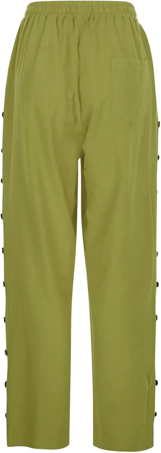 Womens Casual Pants Side Button Summer Trendy Linen Pant Drawstring Elastic Waist Straight Leg Baggy Cropped Trousers