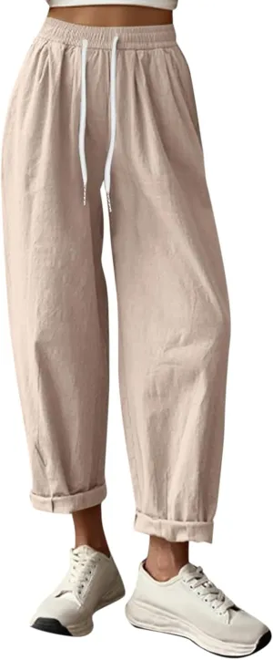 Women's Cotton Linen Baggy Harem Pants Casual Loose Fit High Waisted Beach Drawstring Pants Palazzo Trousers Pockets