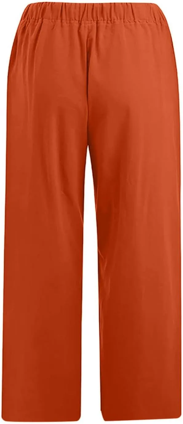 Womens Cotton Linen Capri Pants 2025 Summer Drawstring Elastic High Waist Pant Wide Leg Trouser Beach Cropped Pants