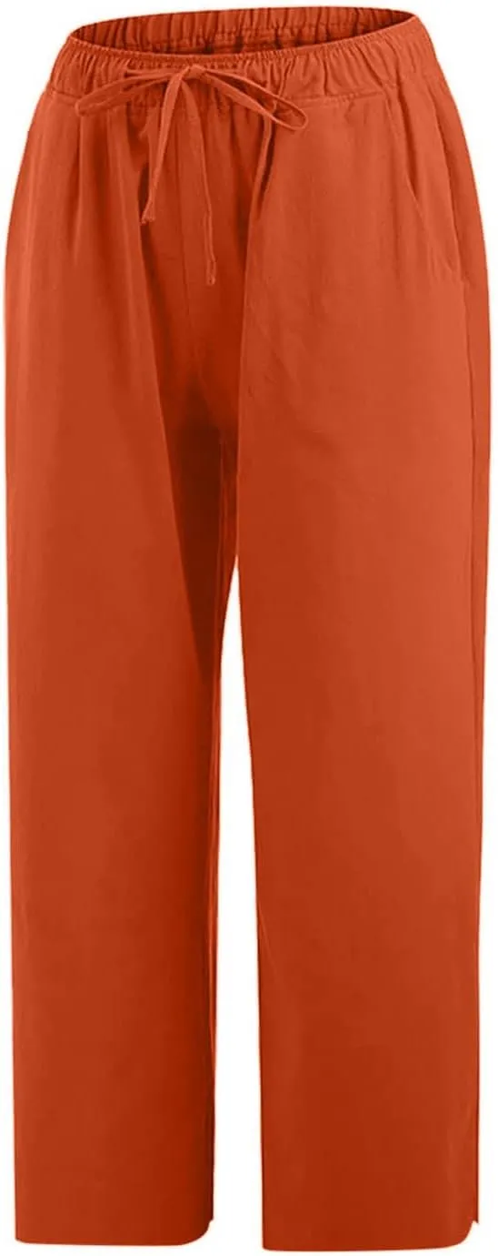 Womens Cotton Linen Capri Pants 2025 Summer Drawstring Elastic High Waist Pant Wide Leg Trouser Beach Cropped Pants
