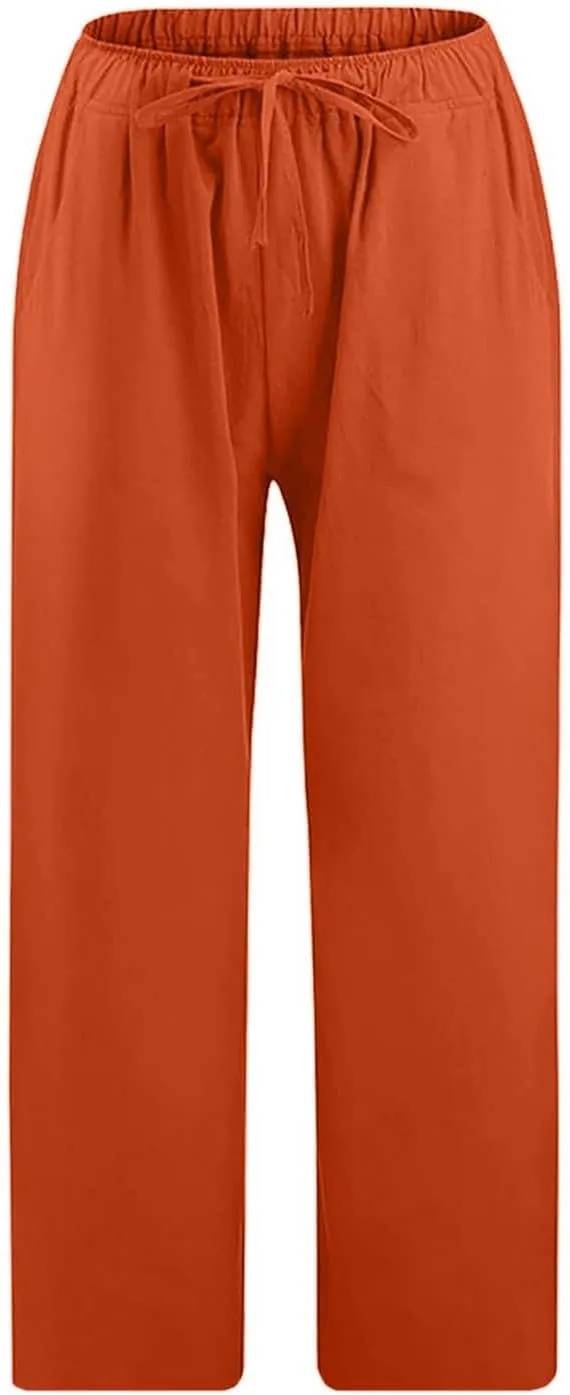 Womens Cotton Linen Capri Pants 2025 Summer Drawstring Elastic High Waist Pant Wide Leg Trouser Beach Cropped Pants
