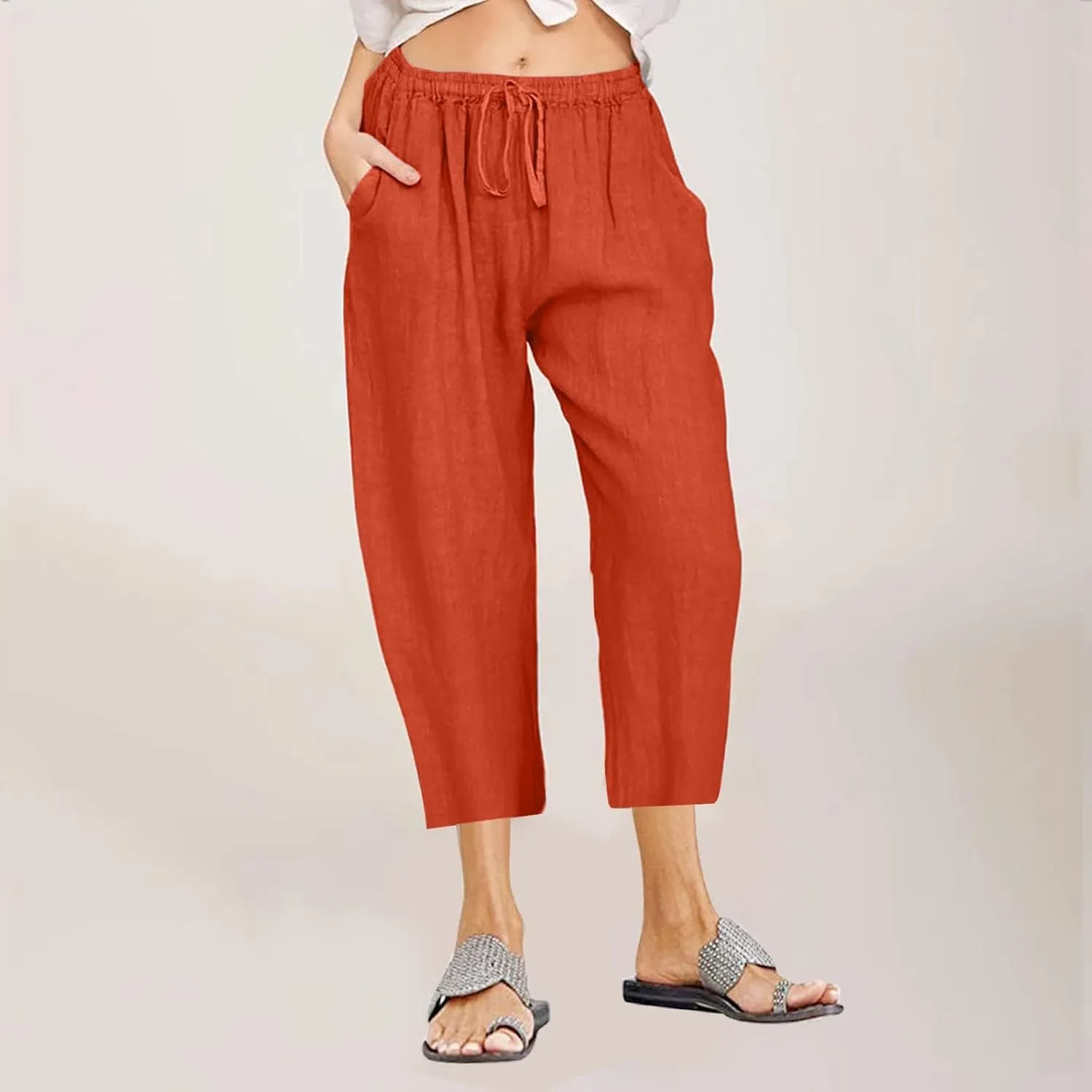 Womens Cotton Linen Capri Pants 2025 Summer Drawstring Elastic High Waist Pant Wide Leg Trouser Beach Cropped Pants