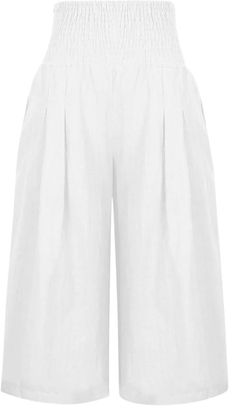 Womens Cotton Linen Capris Cropped Wide Leg Palazzo Pants High-Rise Smocked Waist Summer Trousers with Pockets