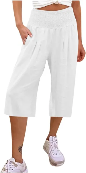 Womens Cotton Linen Capris Cropped Wide Leg Palazzo Pants High-Rise Smocked Waist Summer Trousers with Pockets