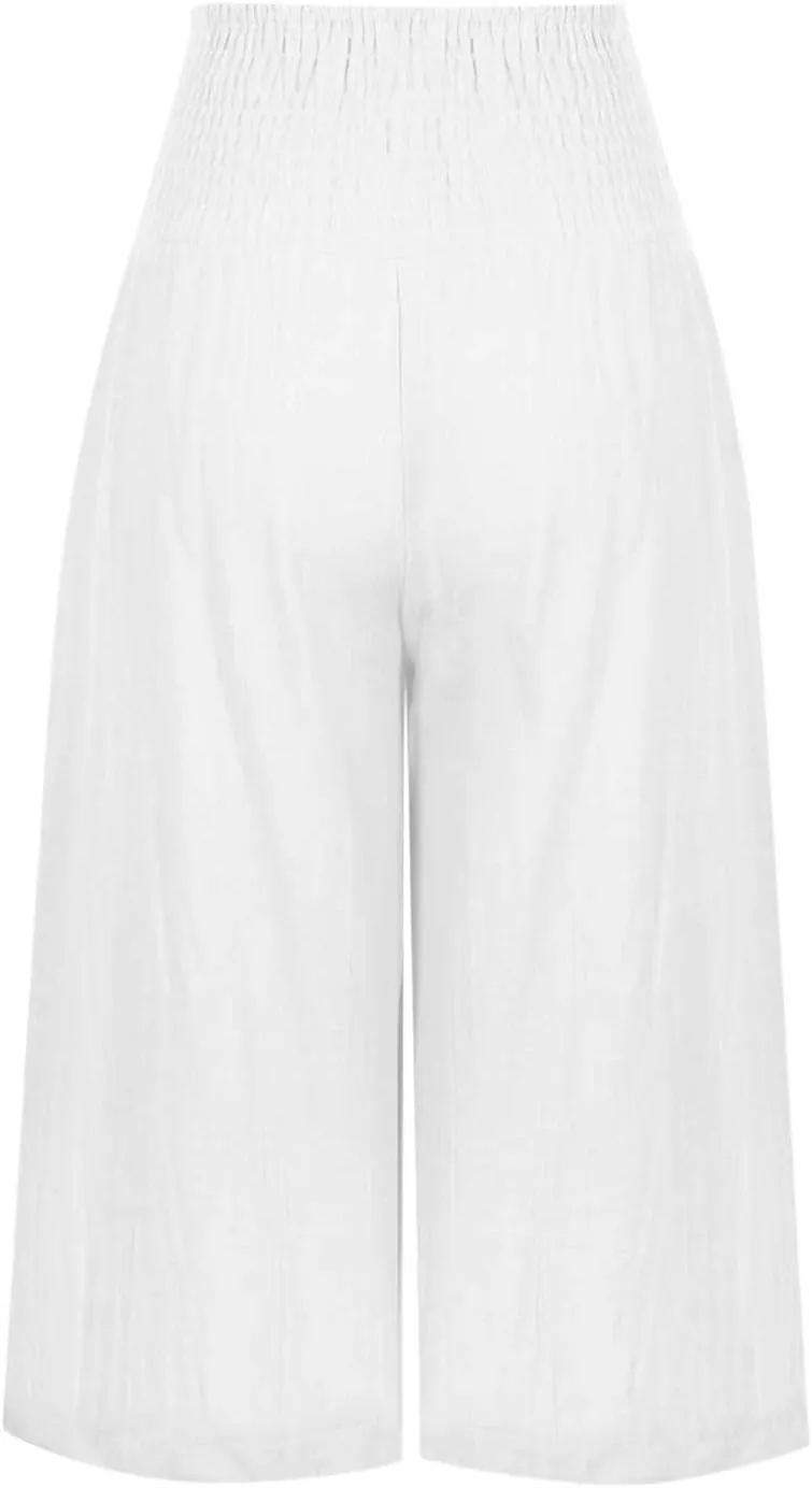 Womens Cotton Linen Capris Cropped Wide Leg Palazzo Pants High-Rise Smocked Waist Summer Trousers with Pockets