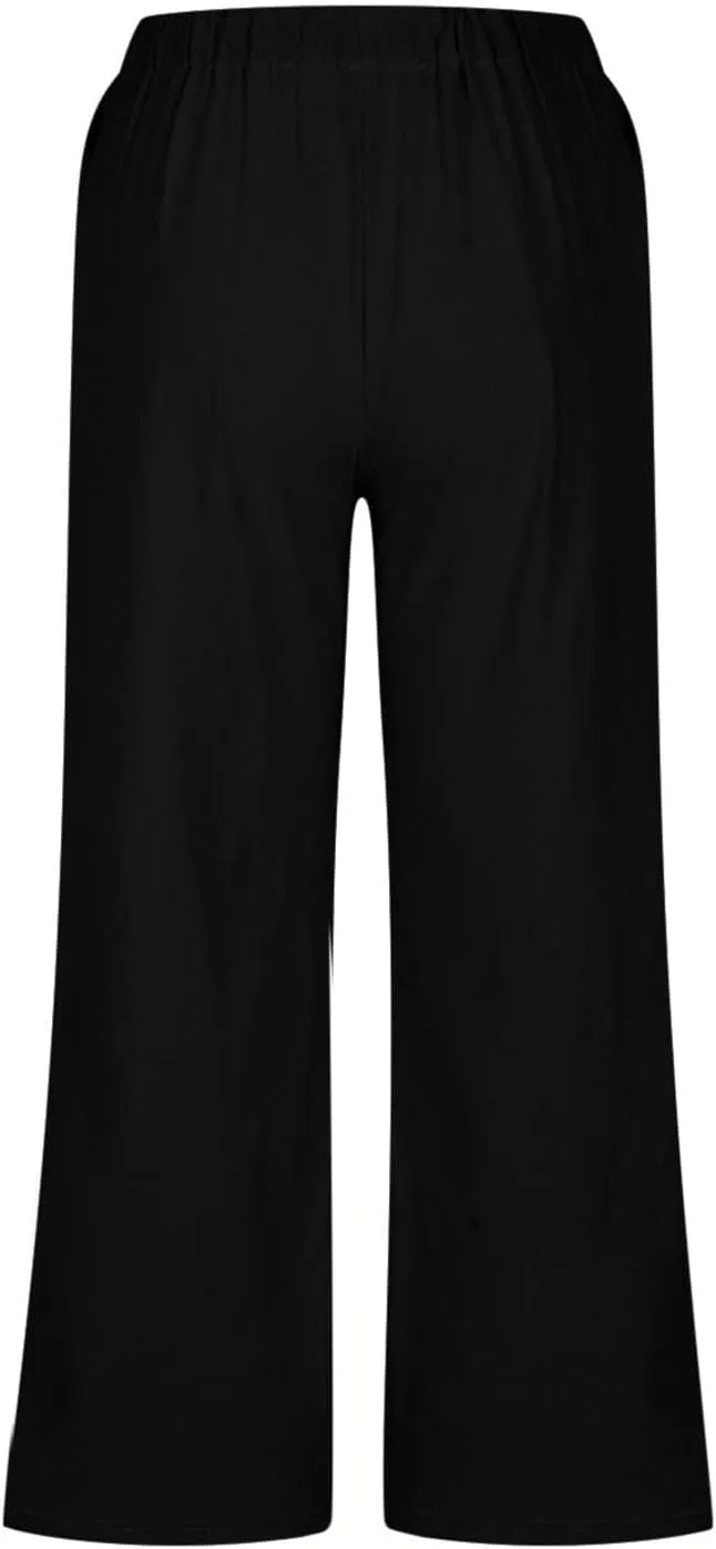 Womens Cotton Linen Casual Pants Elastic High Waisted Wide Leg Pants Drawstring Beach Boho Trousers Summer Outfits