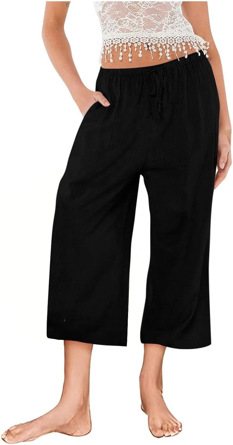 Womens Cotton Linen Casual Pants Elastic High Waisted Wide Leg Pants Drawstring Beach Boho Trousers Summer Outfits