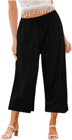 Womens Cotton Linen Casual Pants Elastic High Waisted Wide Leg Pants Drawstring Beach Boho Trousers Summer Outfits