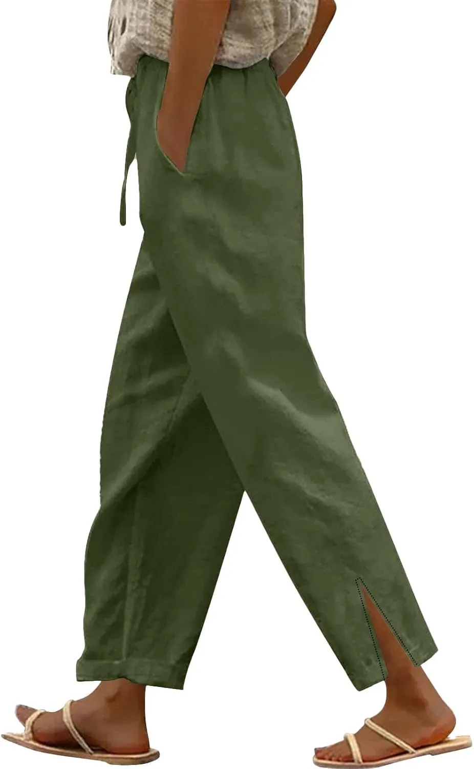 Womens Cotton Linen Cropped Pants Summer High Waist Elastic Straight Leg Lounge Pant Vacation Beach Trousers
