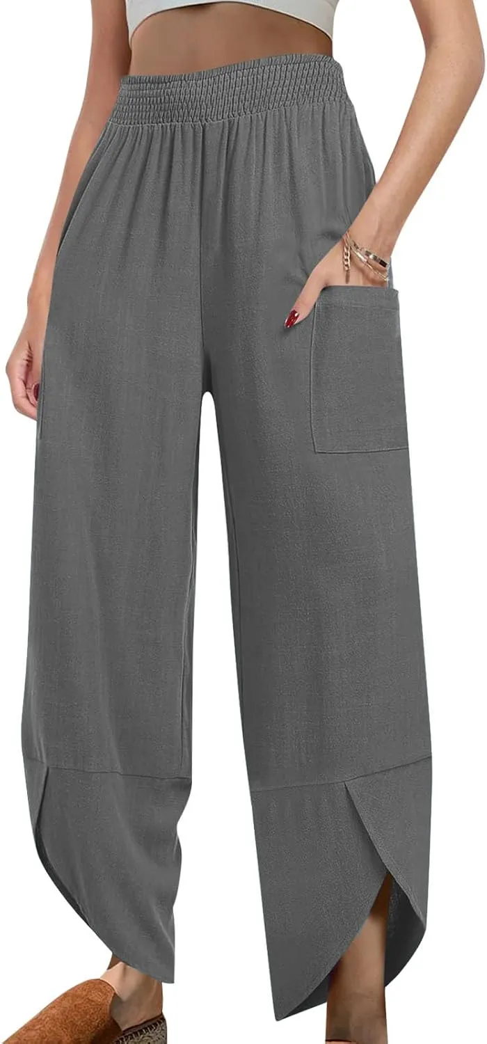 Women's Cotton Linen Palazzo Pants, Fashion Irregular Hem Summer Casual Clothes Elastic Waist Pockets Home Trousers