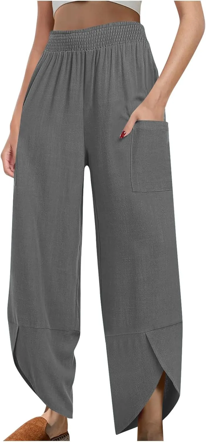 Women's Cotton Linen Palazzo Pants, Fashion Irregular Hem Summer Casual Clothes Elastic Waist Pockets Home Trousers