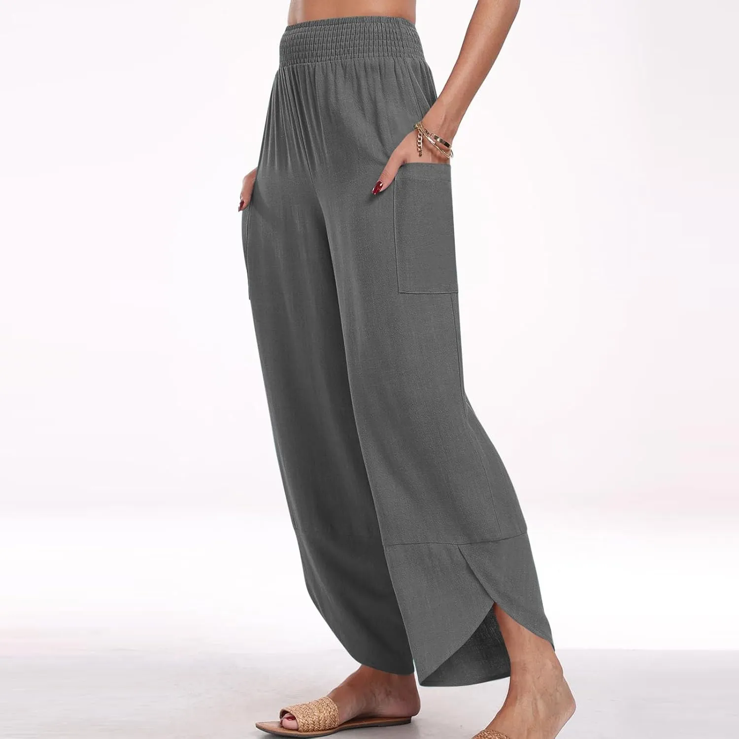 Women's Cotton Linen Palazzo Pants, Fashion Irregular Hem Summer Casual Clothes Elastic Waist Pockets Home Trousers