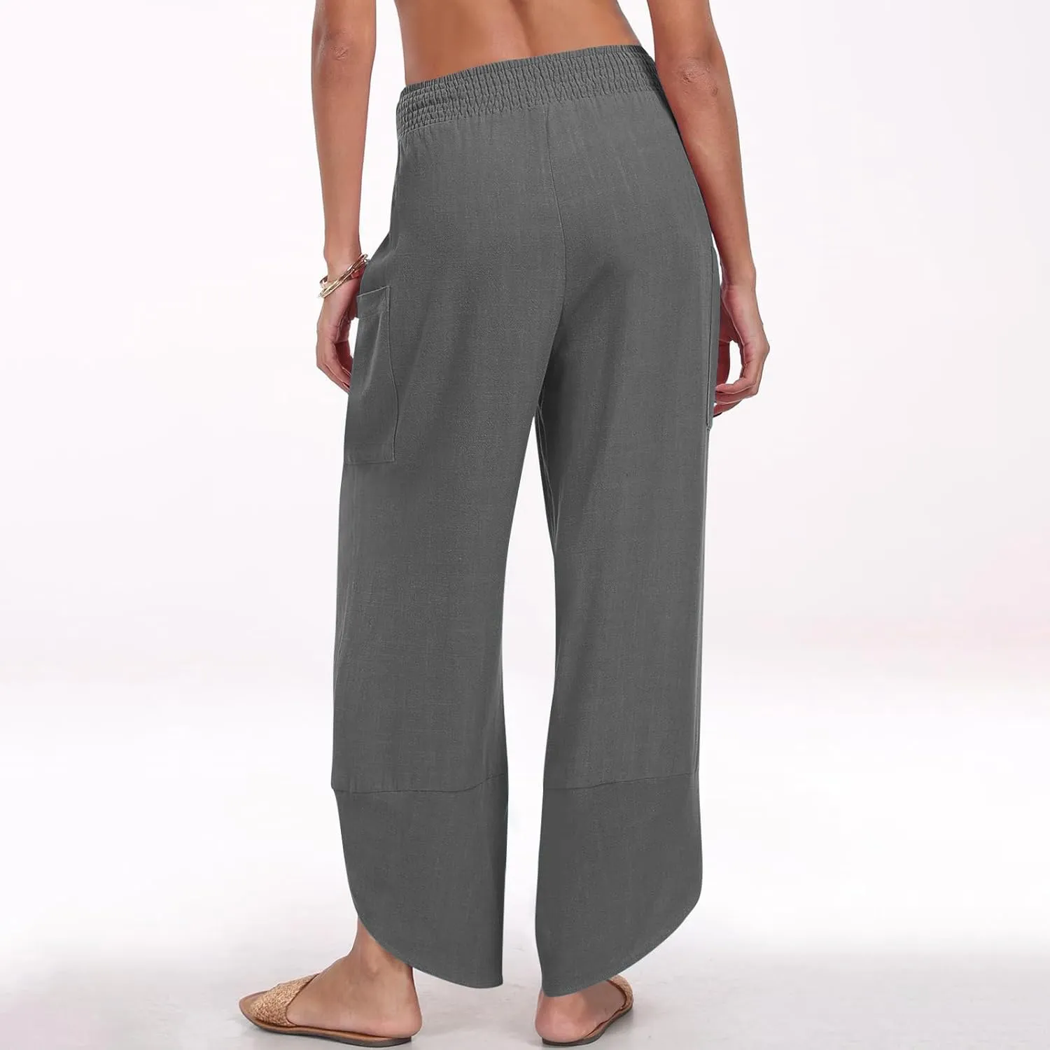 Women's Cotton Linen Palazzo Pants, Fashion Irregular Hem Summer Casual Clothes Elastic Waist Pockets Home Trousers