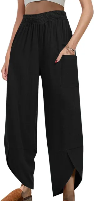 Women's Cotton Linen Palazzo Pants, Fashion Irregular Hem Summer Casual Clothes Elastic Waist Pockets Home Trousers