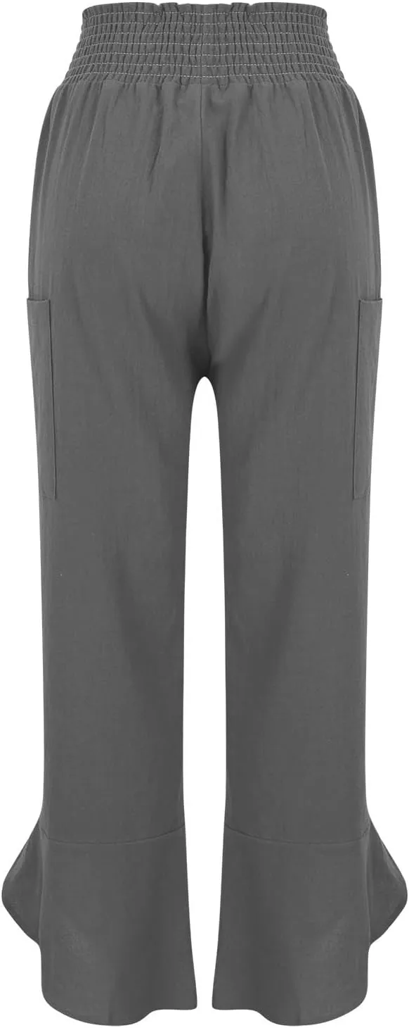Women's Cotton Linen Palazzo Pants, Fashion Irregular Hem Summer Casual Clothes Elastic Waist Pockets Home Trousers