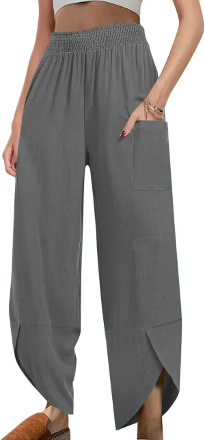 Women's Cotton Linen Palazzo Pants, Fashion Irregular Hem Summer Casual Clothes Elastic Waist Pockets Home Trousers