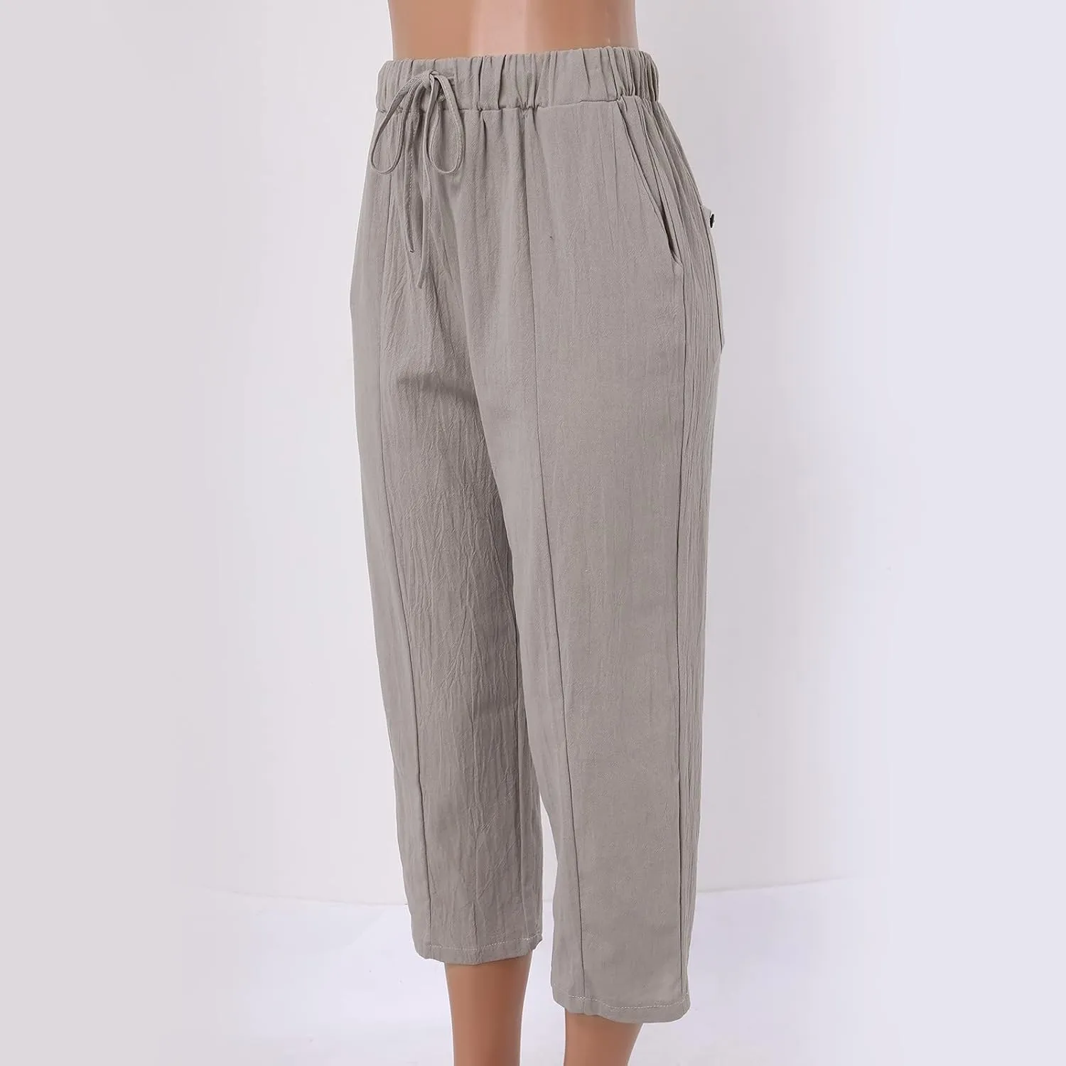 Womens Cotton Linen Pants Summer Casual Elastic High Waist Wide Leg Beach Capris Plus Size Cropped Trousers Pockets