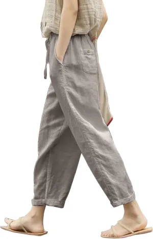 Womens Cotton Linen Pants Summer Casual Elastic High Waist Wide Leg Beach Capris Plus Size Cropped Trousers Pockets