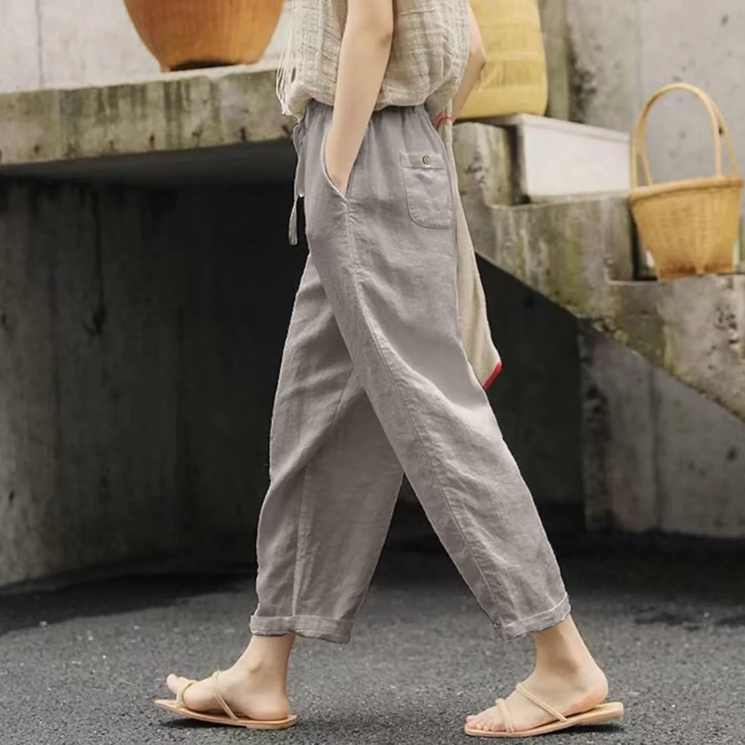 Womens Cotton Linen Pants Summer Casual Elastic High Waist Wide Leg Beach Capris Plus Size Cropped Trousers Pockets