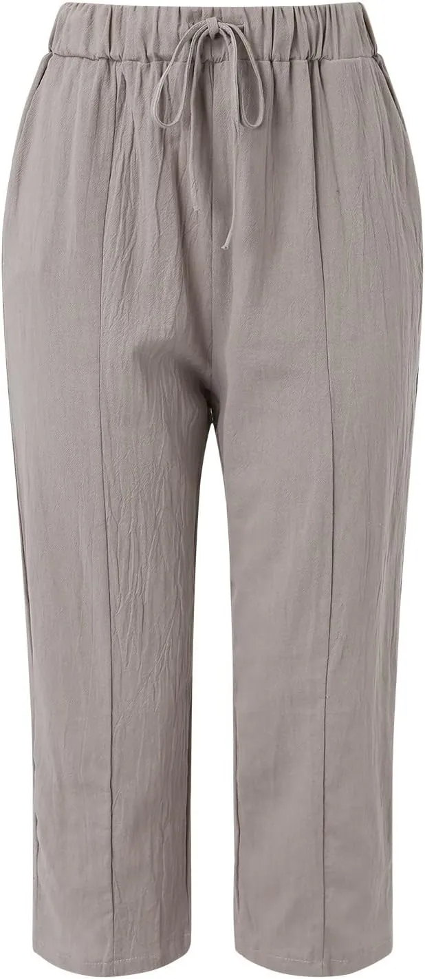 Womens Cotton Linen Pants Summer Casual Elastic High Waist Wide Leg Beach Capris Plus Size Cropped Trousers Pockets