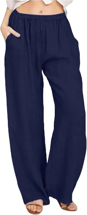 Women's Cotton Linen Pants Wide Leg High Waisted Lounge Trousers Drawstring Casual Loose Palazzo Pants with Pockets