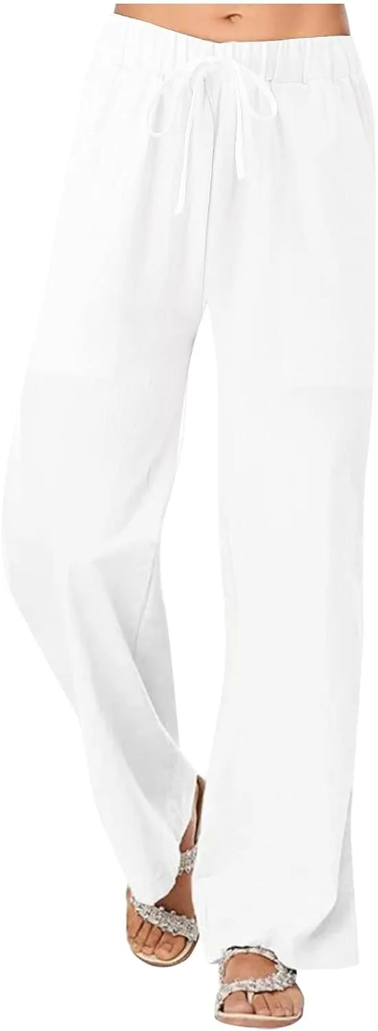 Women's Cotton Linen Side Split Trousers High Waist Drawstring Pants Summer Solid Color Lightweight Pants