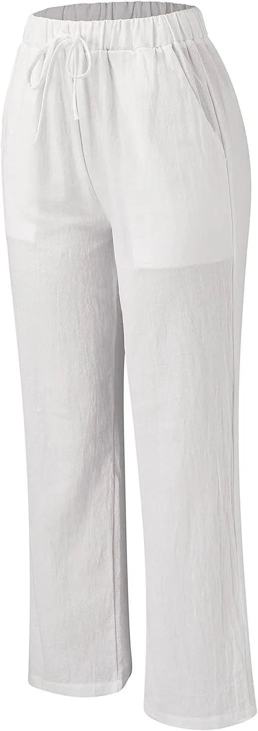 Women's Cotton Linen Side Split Trousers High Waist Drawstring Pants Summer Solid Color Lightweight Pants