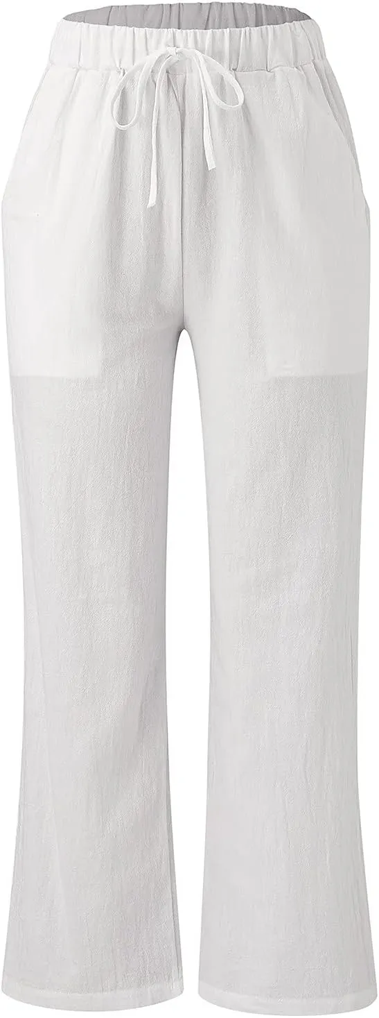 Women's Cotton Linen Side Split Trousers High Waist Drawstring Pants Summer Solid Color Lightweight Pants