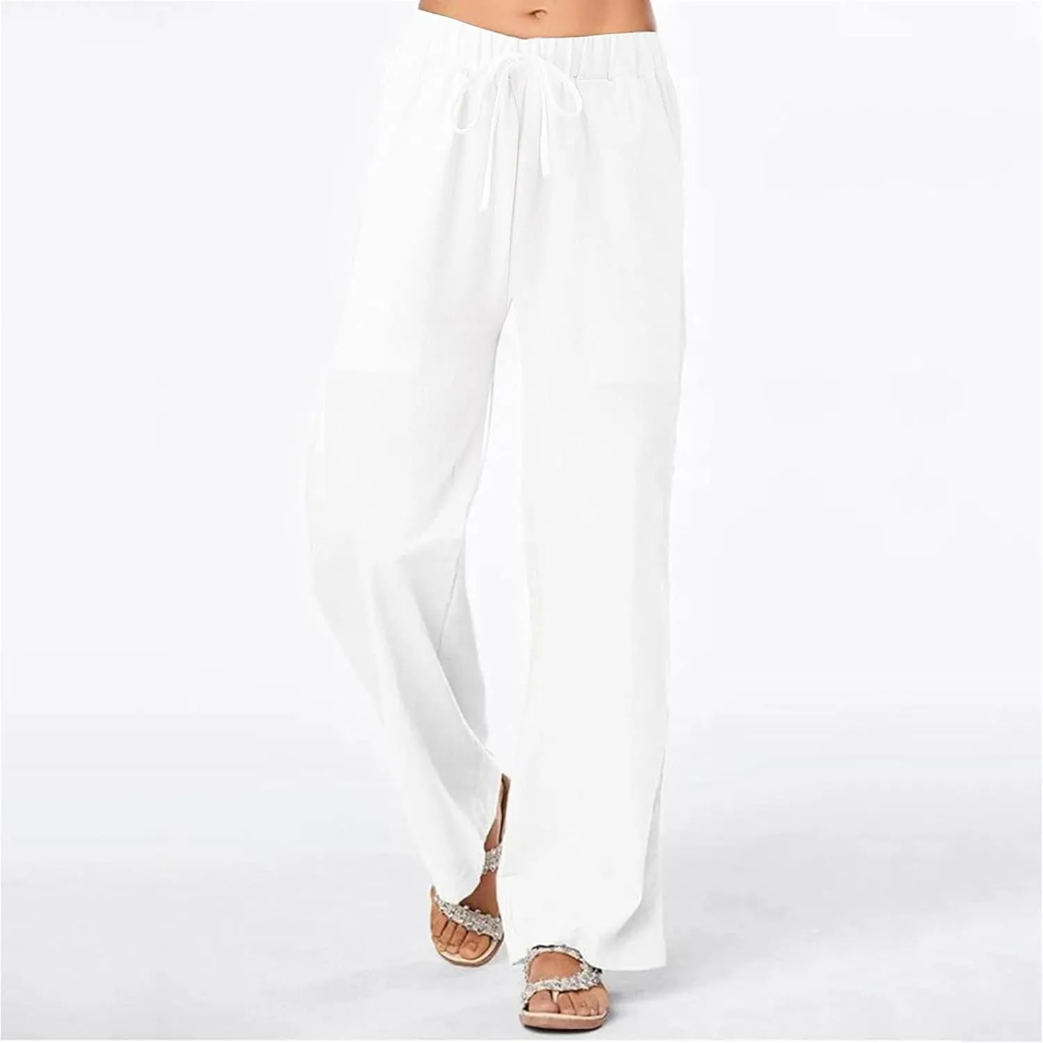 Women's Cotton Linen Side Split Trousers High Waist Drawstring Pants Summer Solid Color Lightweight Pants