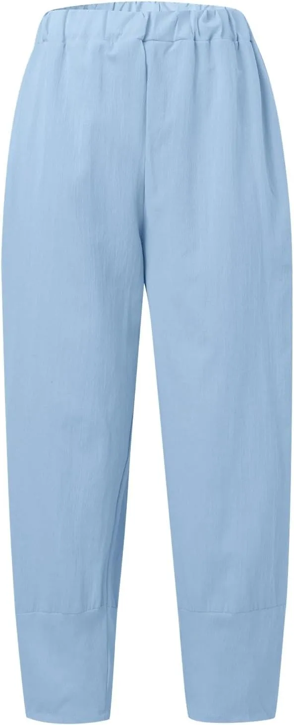 Womens Cotton Linen Summer Baggy Palazzo Lounge Pants Elastic Waist Bootcut Loose Fit Pants Business Work