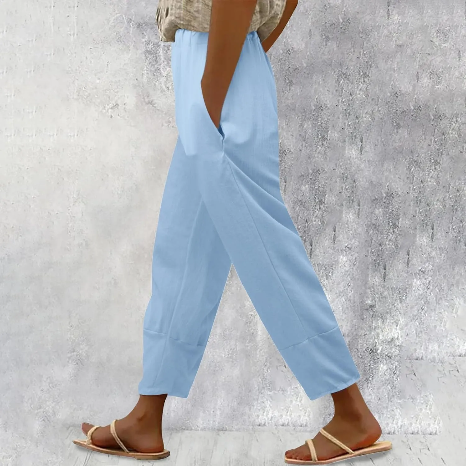 Womens Cotton Linen Summer Baggy Palazzo Lounge Pants Elastic Waist Bootcut Loose Fit Pants Business Work
