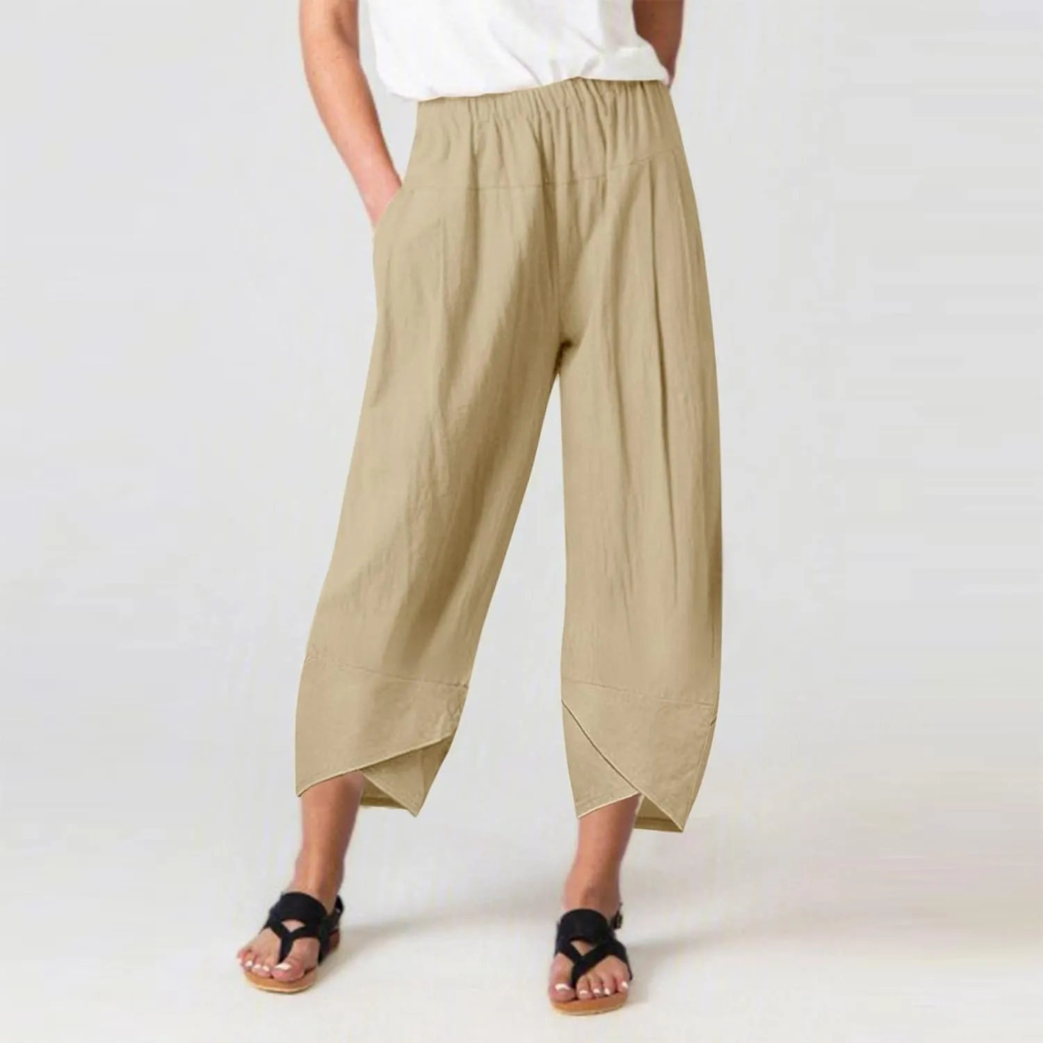 Womens Cotton Linen Summer Baggy Palazzo Pants Elastic Waist Ankle Length Slim-Fit Trousers Beach