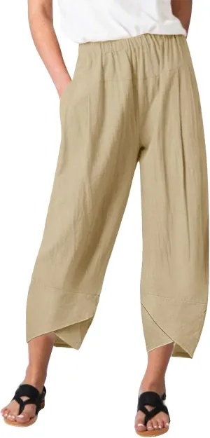 Womens Cotton Linen Summer Baggy Palazzo Pants Elastic Waist Ankle Length Slim-Fit Trousers Beach