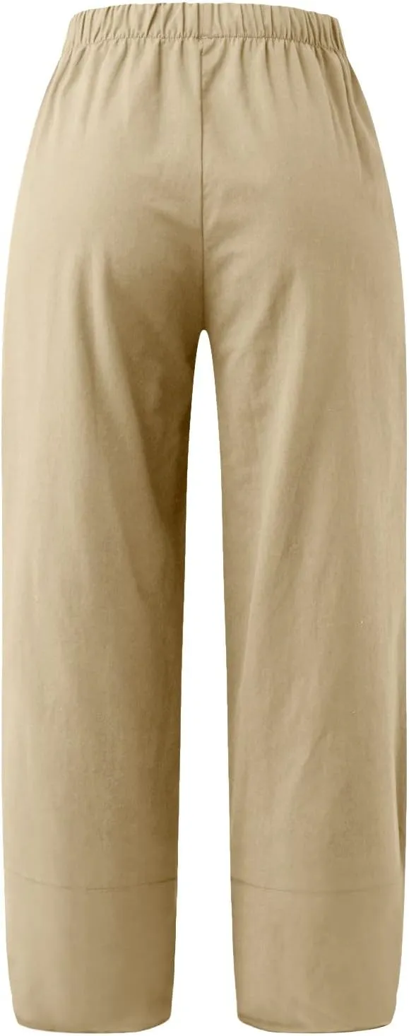 Womens Cotton Linen Summer Baggy Palazzo Pants Elastic Waist Ankle Length Slim-Fit Trousers Beach