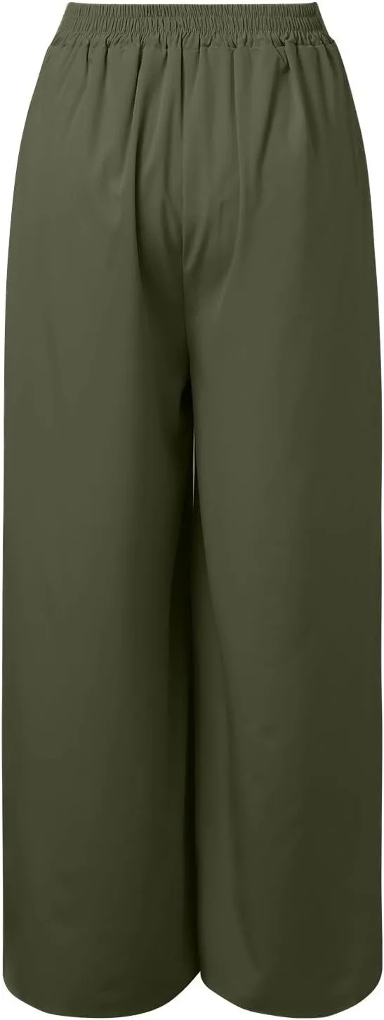 Womens Cotton Linen Summer Baggy Palazzo Pants Elastic Waist Ankle Length Slim-Fit Trousers Beach
