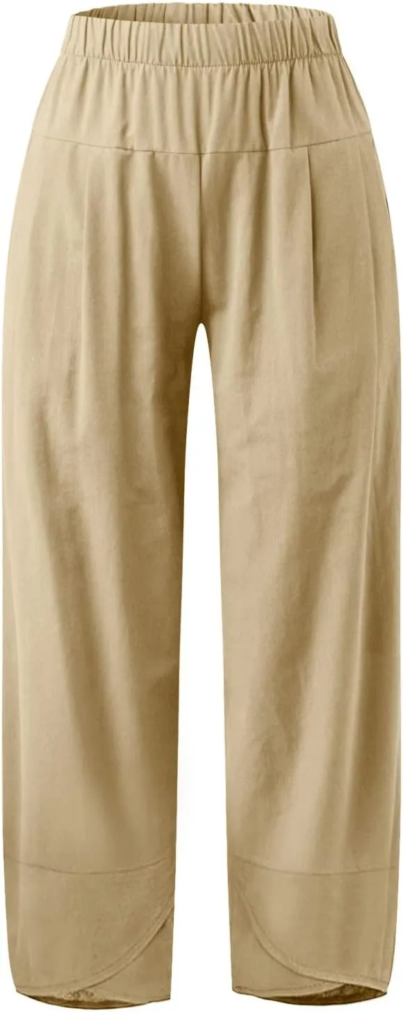 Womens Cotton Linen Summer Baggy Palazzo Pants Elastic Waist Ankle Length Slim-Fit Trousers Beach