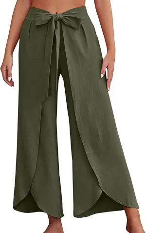 Womens Cotton Linen Summer Baggy Palazzo Pants Elastic Waist Ankle Length Slim-Fit Trousers Beach