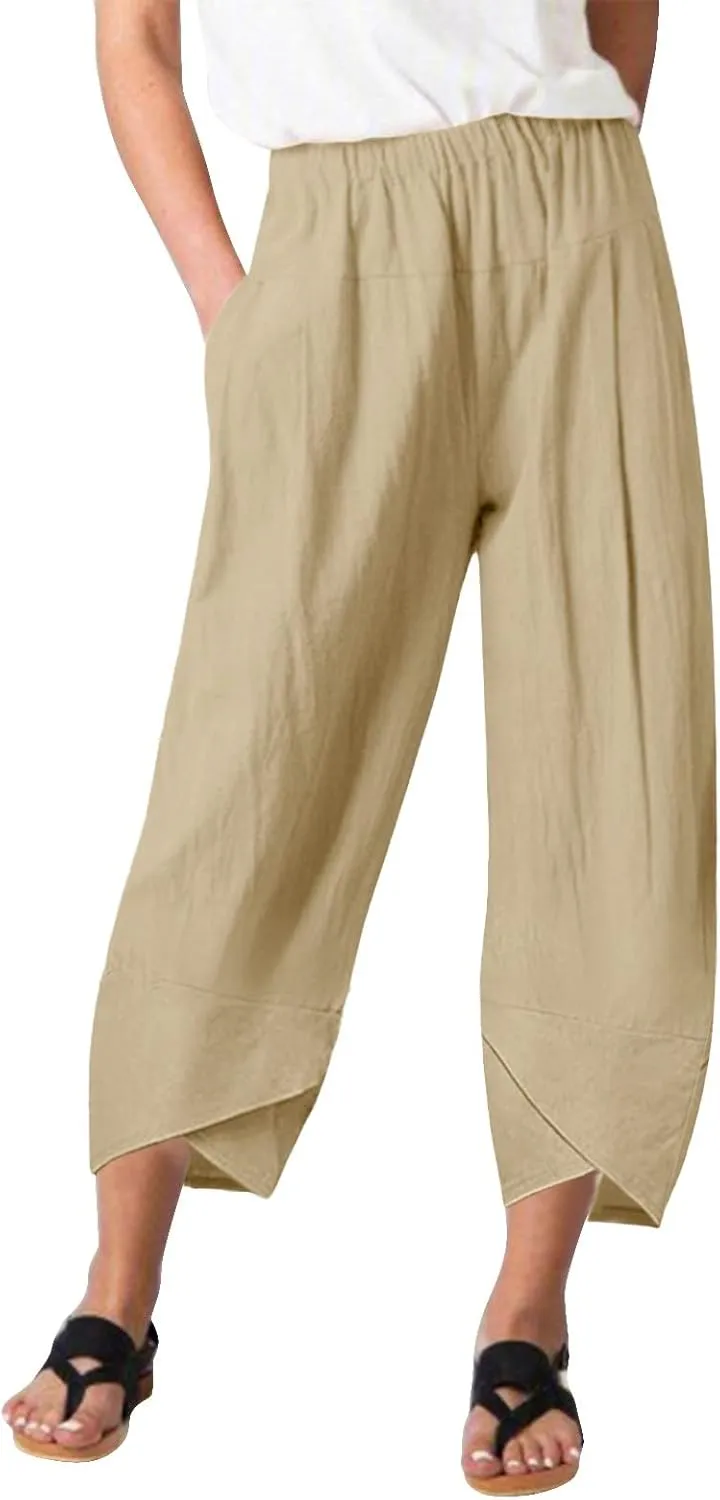 Womens Cotton Linen Summer Baggy Palazzo Pants Elastic Waist Ankle Length Slim-Fit Trousers Beach