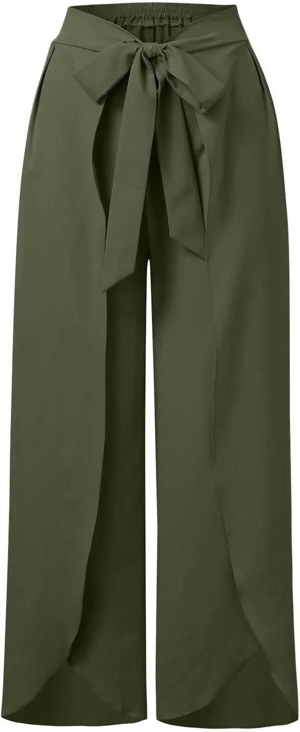 Womens Cotton Linen Summer Baggy Palazzo Pants Elastic Waist Ankle Length Slim-Fit Trousers Beach