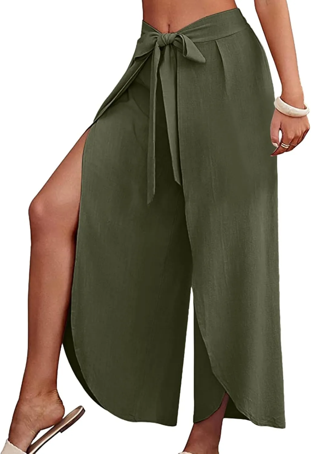 Womens Cotton Linen Summer Baggy Palazzo Pants Elastic Waist Ankle Length Slim-Fit Trousers Beach