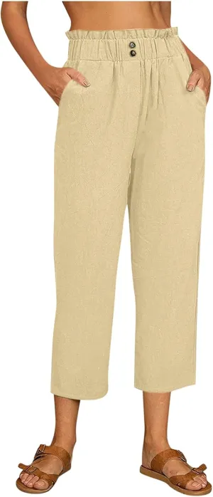 Women's Cotton Linen Summer Drawstring Palazzo Pants High Waist Lounge Pants Plus Size Pant Trousers Vacation